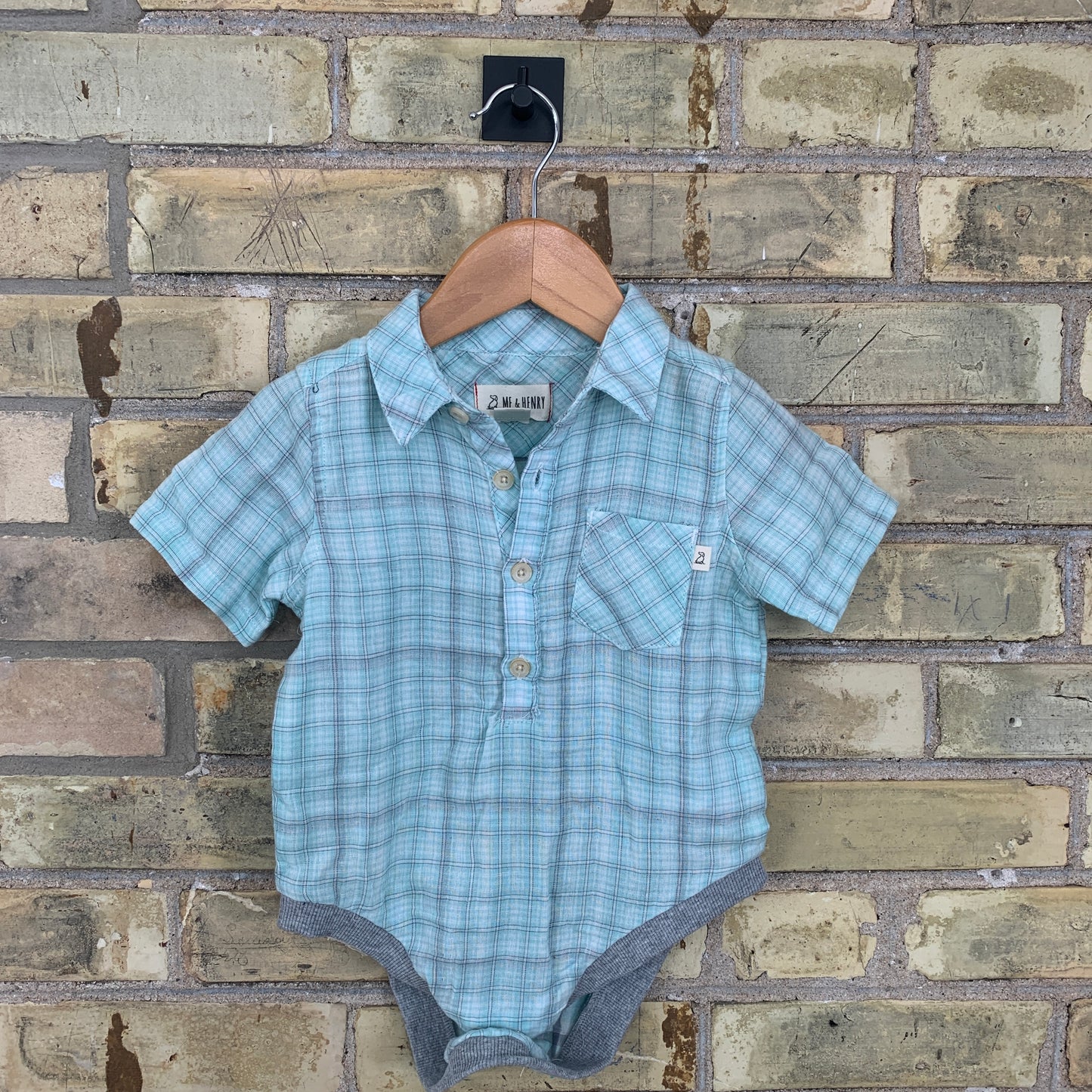 EUC Me & Henry 18-24M Aqua Plaid SS Button Up