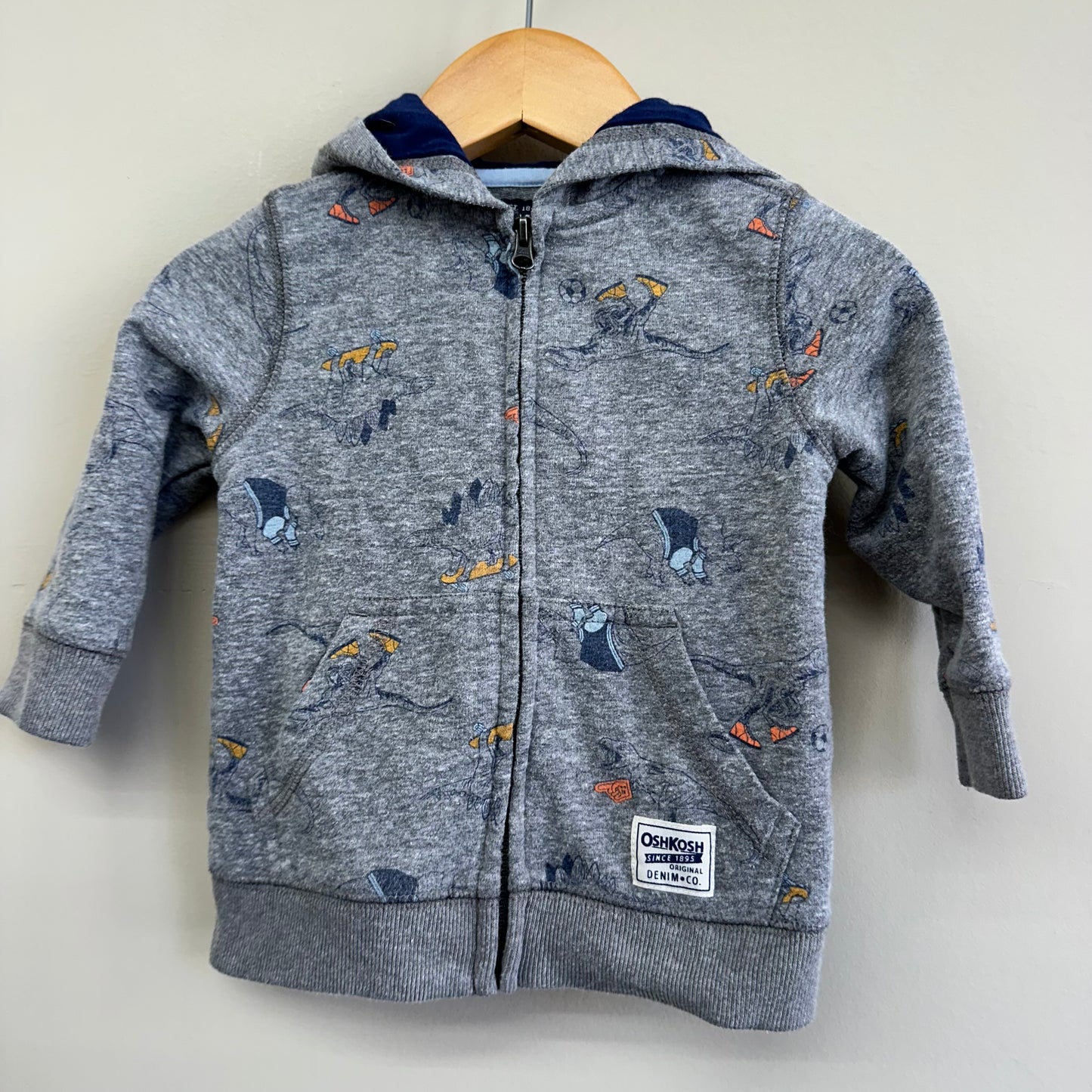 EUC OshKosh 12M Grey Dino ZipFront Hoodie