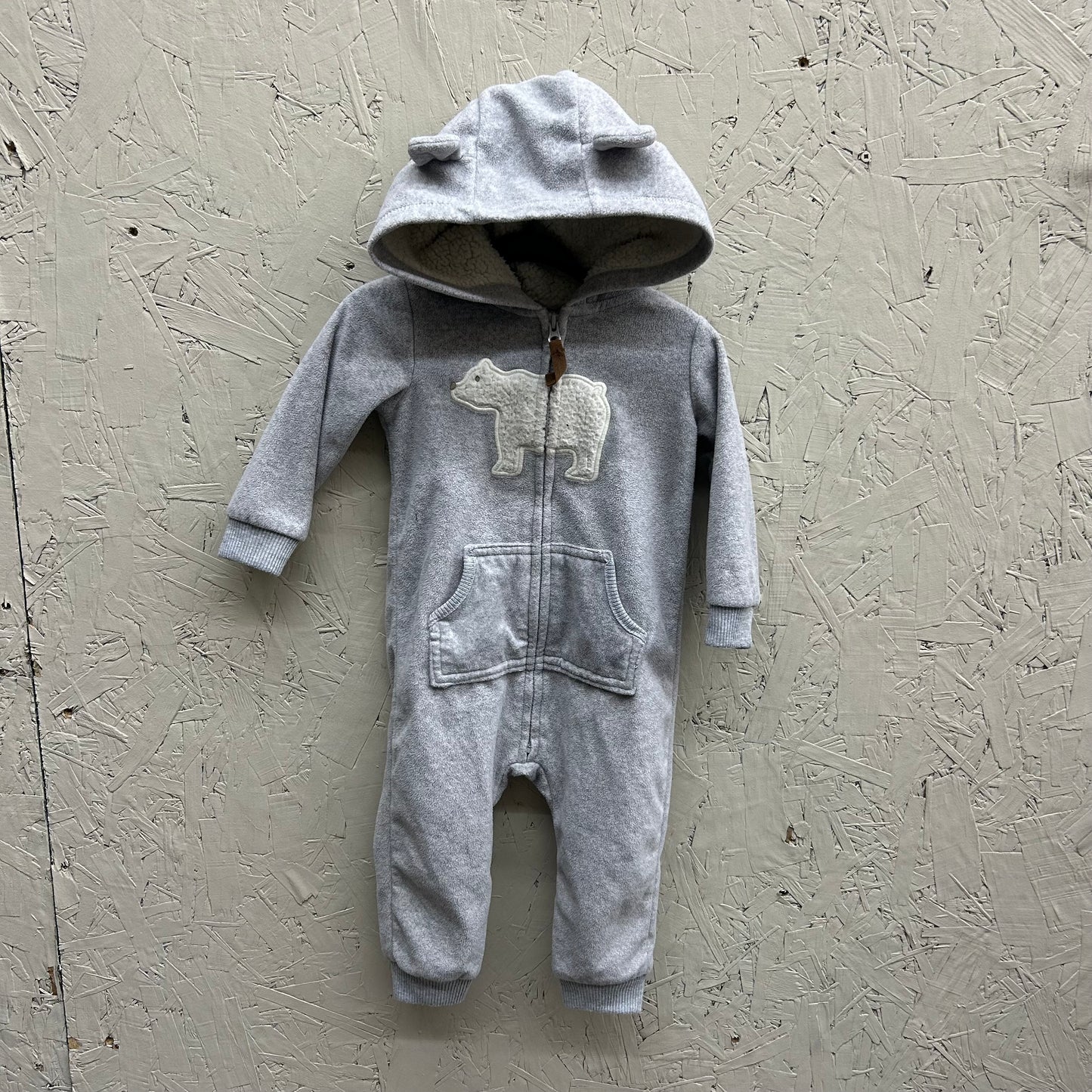 EUC Carters 12M Grey Polar Bear Front Zipper One Piece with Hood