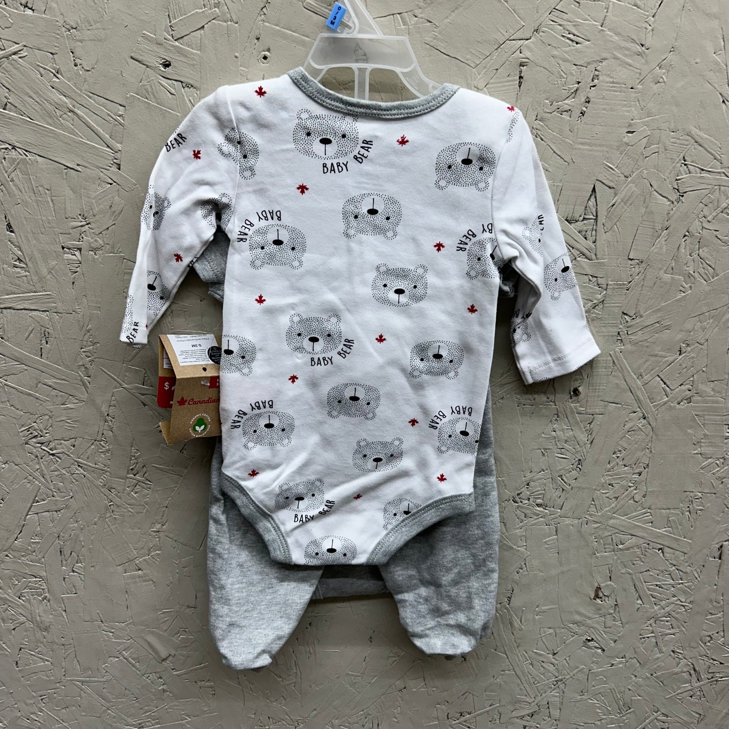 NWT Canadiana 0-3M 3Pc Grey & White Bear LS and SS Onesie and Pant Set