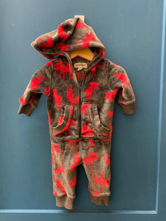 EUC Little Blue House 3-6M Red & Grey Moose Fleece Romper with Hood