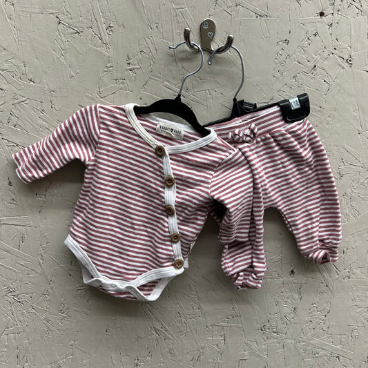 GUC Rabbit + Bear 0-3M Pink/White Striped 2Pc Legging and LS Onesie Set