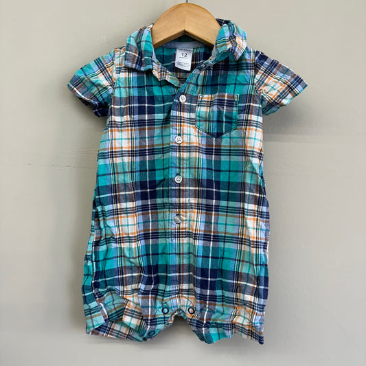 GUC Carters 12M Blue Plaid SS Short Romper