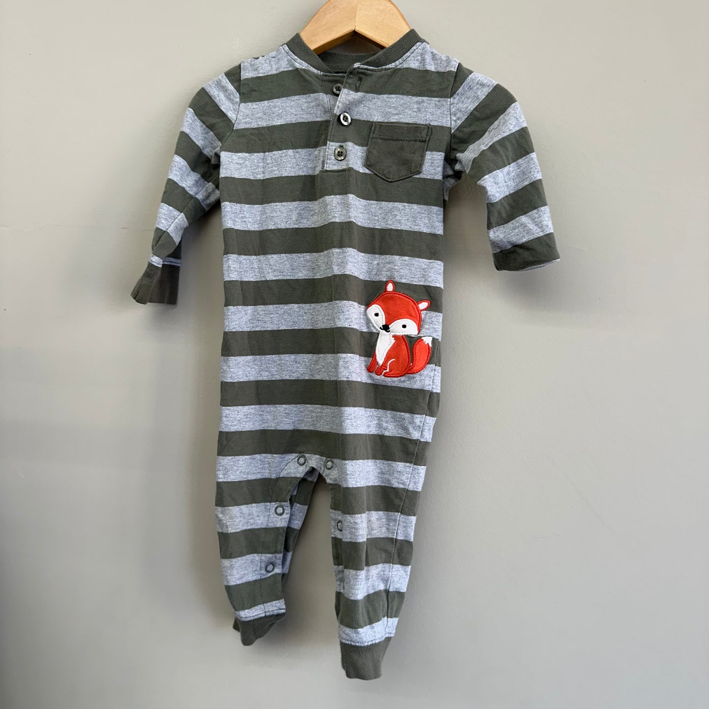 EUC Carters 12M Grey & Green Stripe LS Romper