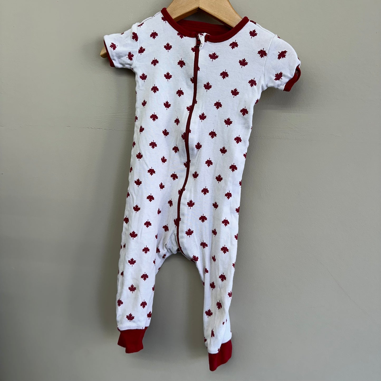 EUC Children’s Place 6-9M Red & White Maple Leaf SS Long Romper