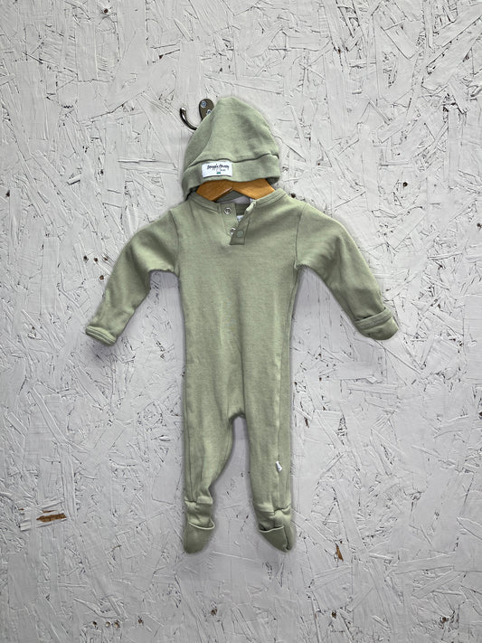 EUC Snuggle Hunny 0-3m Olive Green Growsuit & Topknot Hat