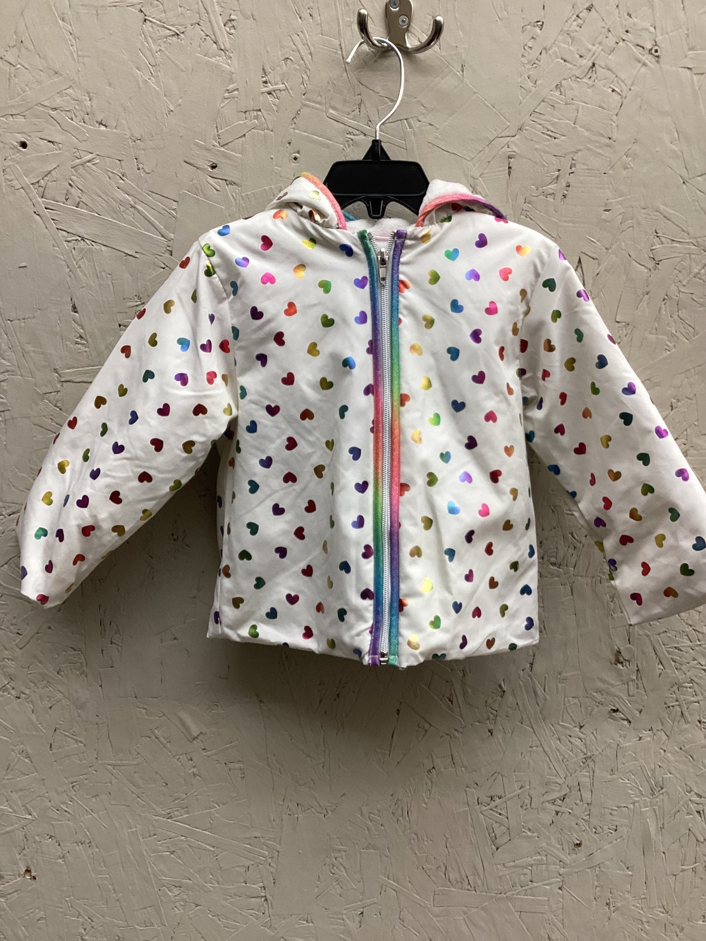 EUC Penelope Mack 3T Cream Hooded Lined Jacket with Rainbow Hearts