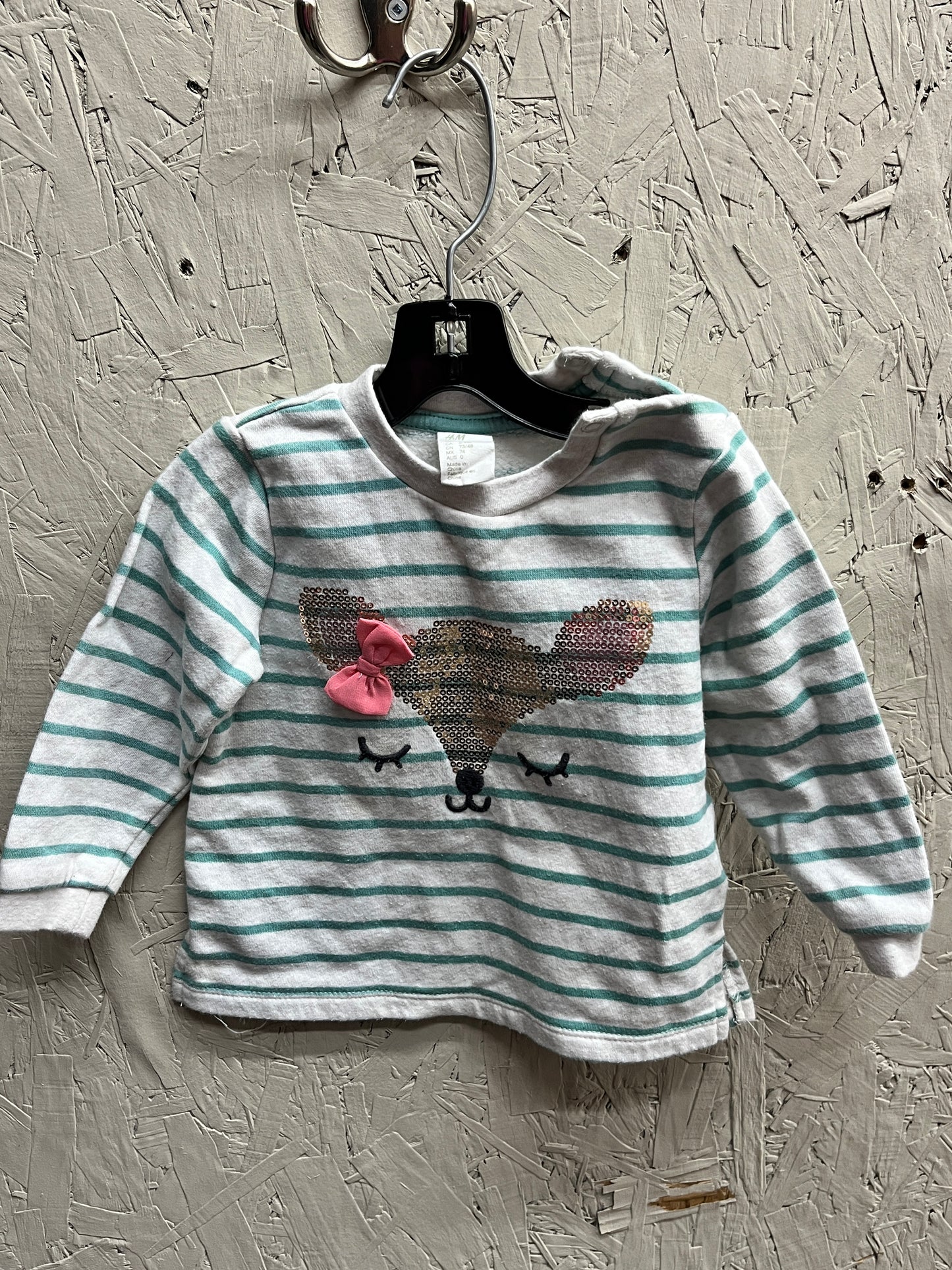 EUC H&M 6-9M Grey/Green Striped LS Deer Shirt