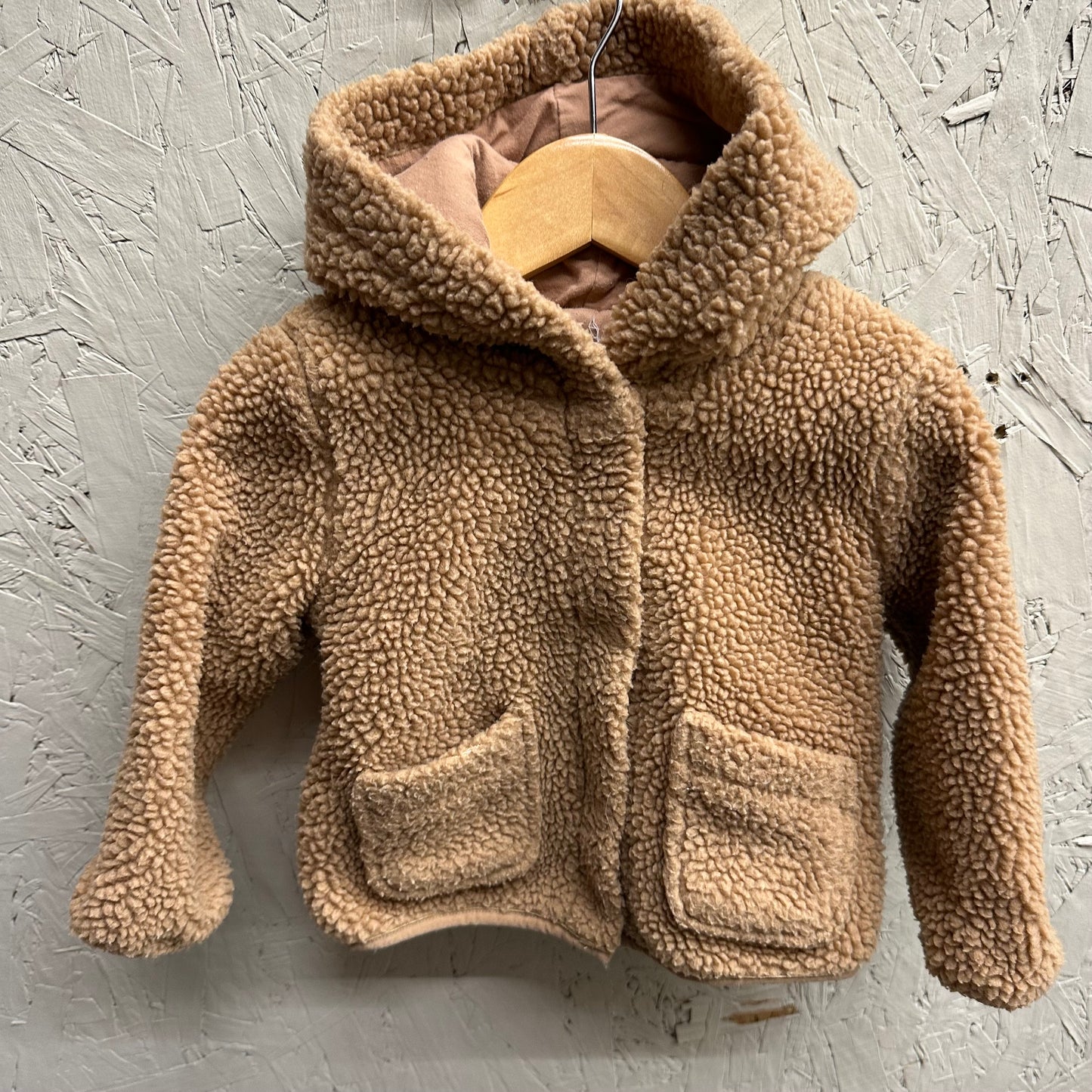 EUC Rise Little Earthling 12-18M Tan Hooded Fleece Button Up Jacket