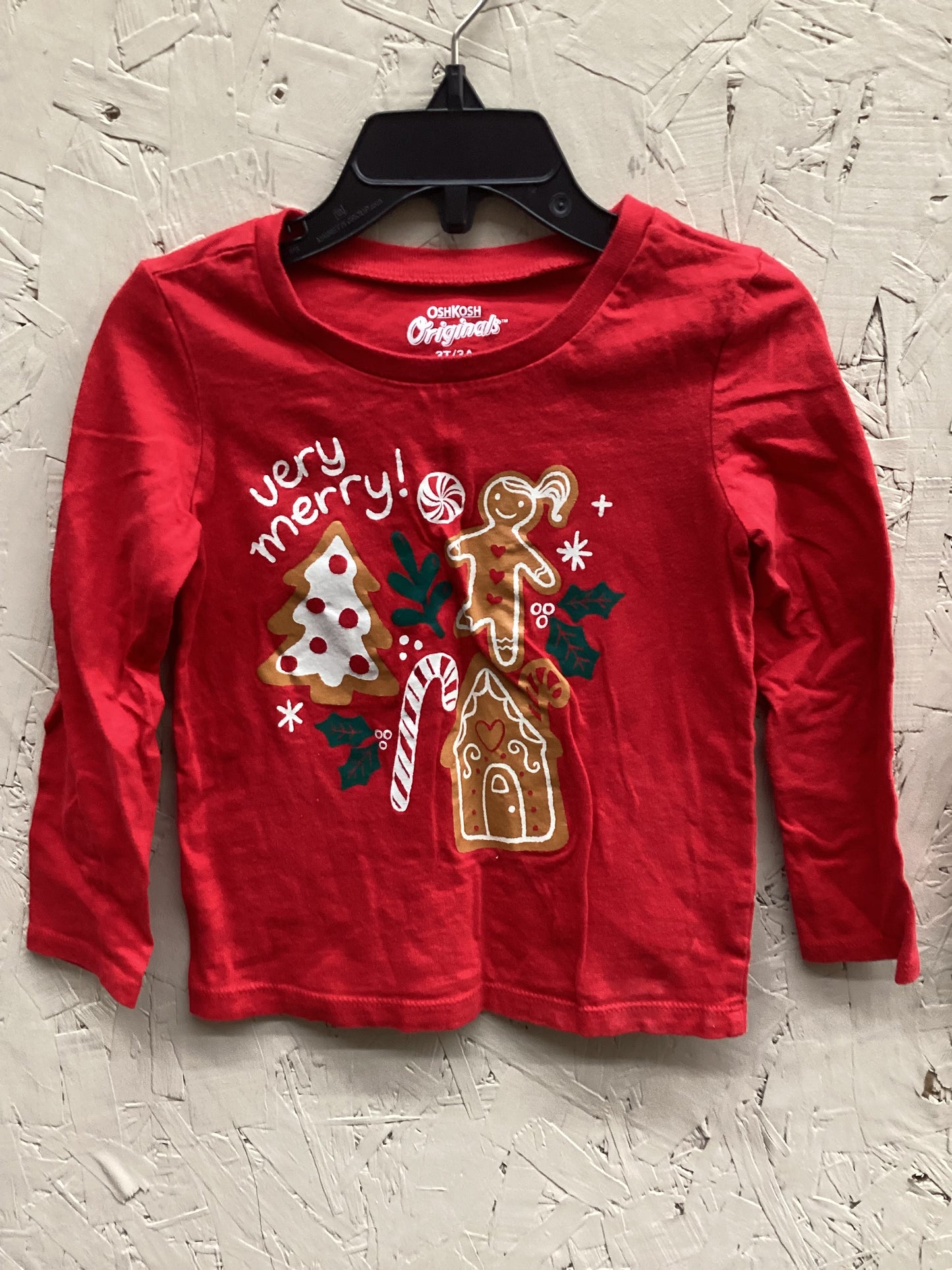 EUC OshKosh 3T Red Christmas Gingerbread LS Top