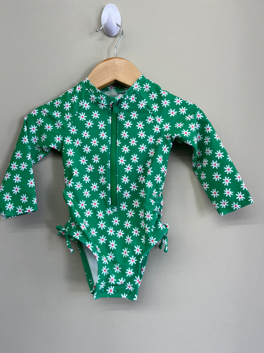 EUC Old Navy 6-12M Green Daisy Swim LS Rash Guard