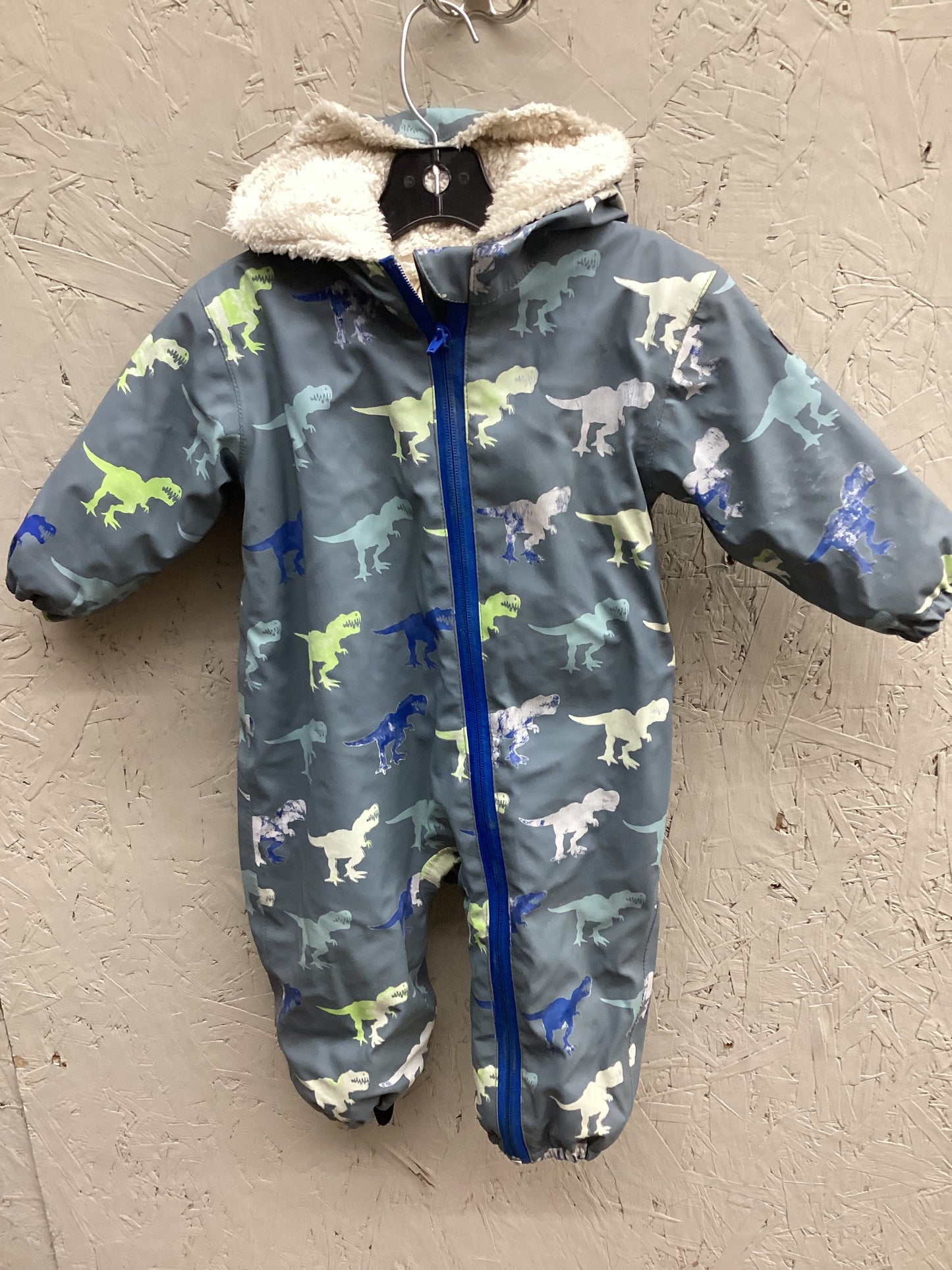 EUC Hatley 12-18M Grey Dinosaur Fleece Lined Rain Suit