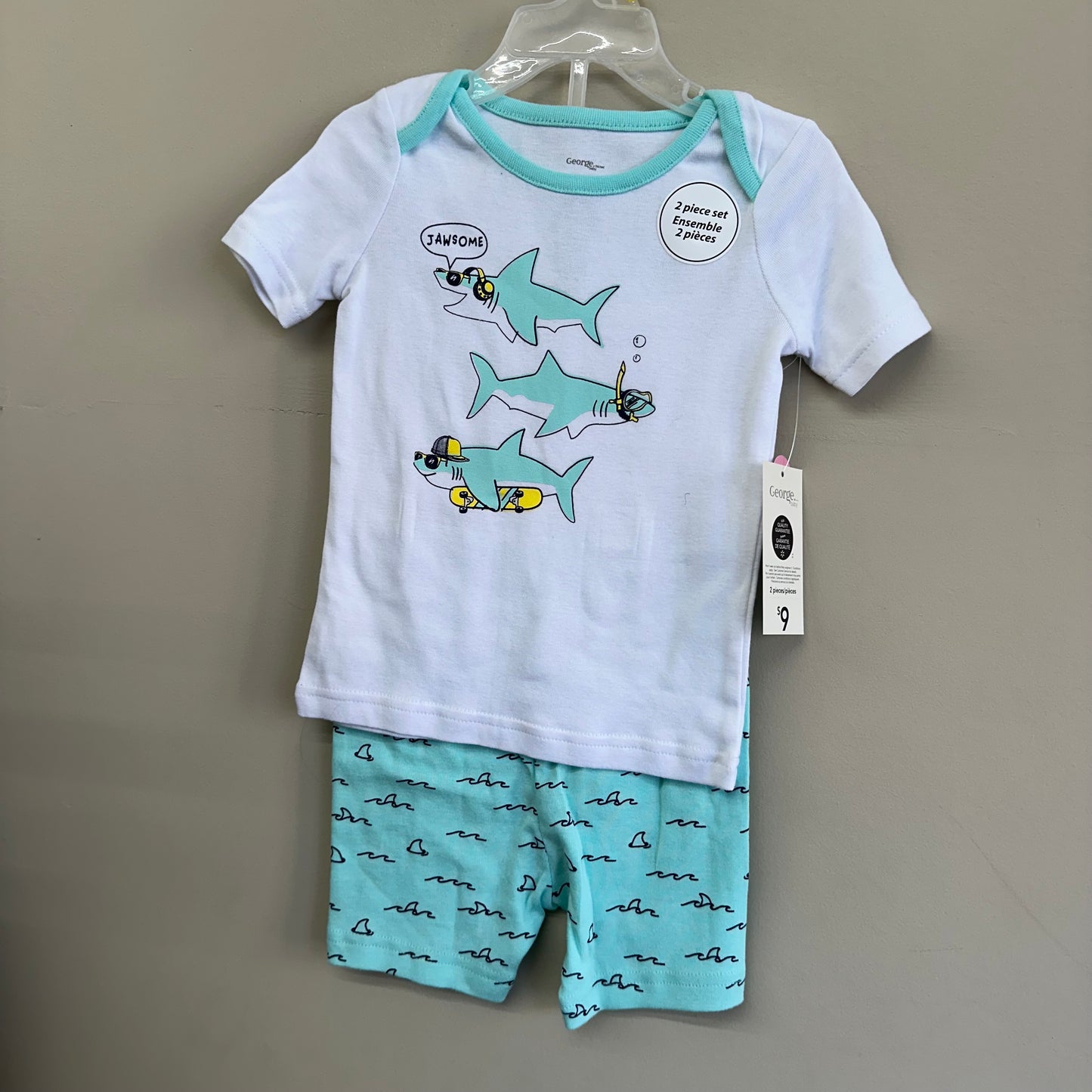 NWT George 18-24M White & Aqua T+Shirt & Short “Jawsome” Set