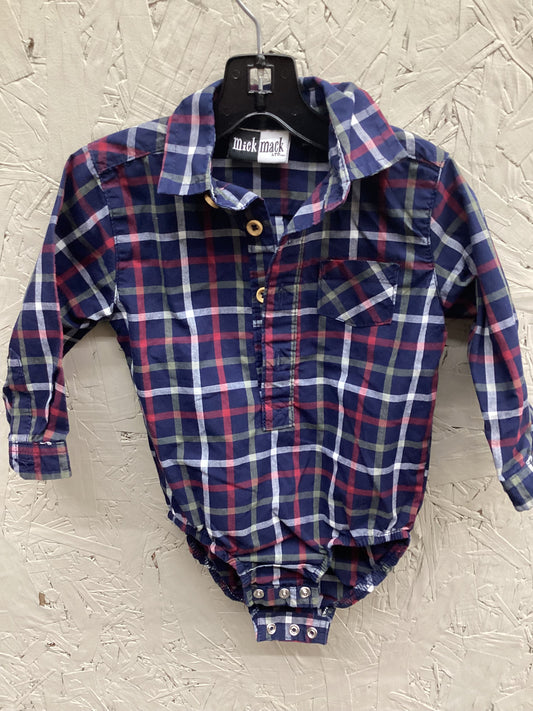 EUC Mick Mack 6-9M Red/Navy Plaid Collard LS Onesie