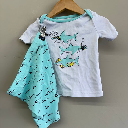 EUC George 12-18M White & Aqua T-Shirt & Short “Jawsome” Set