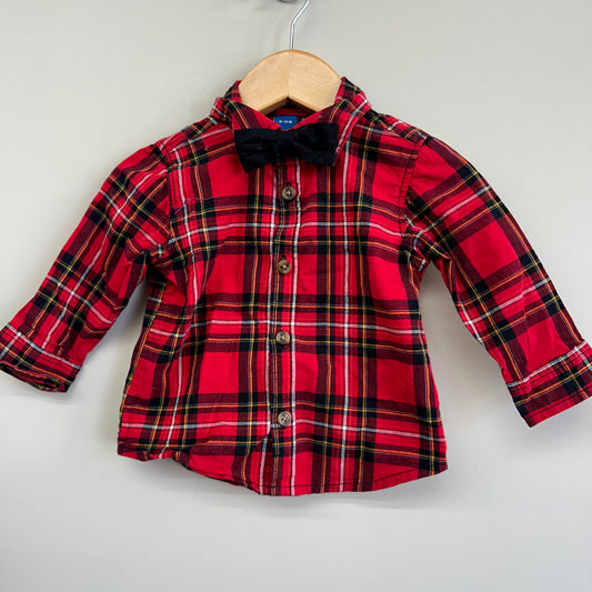 EUC Old Navy 6-12M Red Plaid LS Button Up With Bow Tie