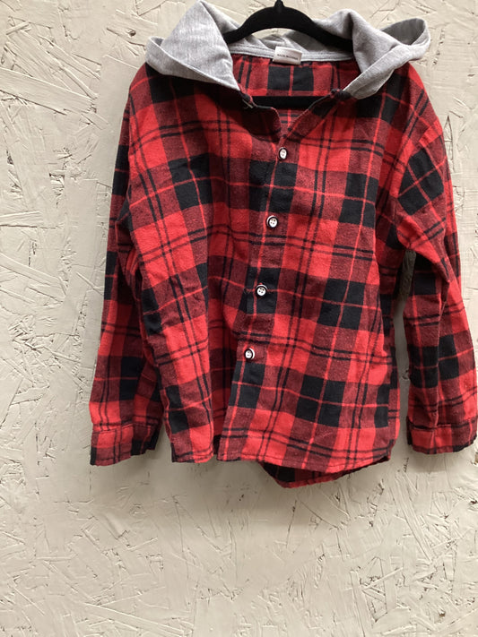 EUC Pat Pat 5-6Y Red & Black Plaid LS Hooded Button Up