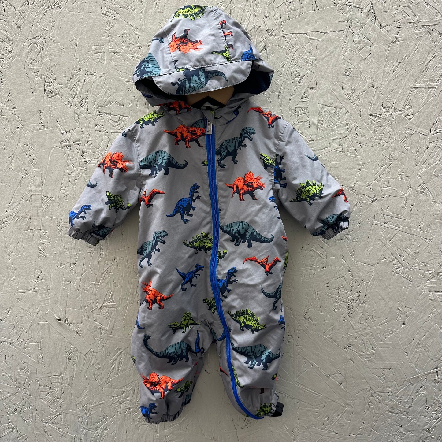 EUC Hatley 9-12M Grey Fleece Lined One Pc Dinosaur Rain Suit