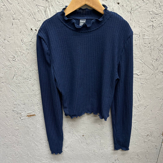 EUC Shein M(8/10Y) Navy Ribbed LS Shirt with Ruffles