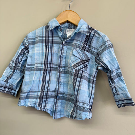 EUC Cherokee Baby 12-18M Blue Plaid LS Button Up