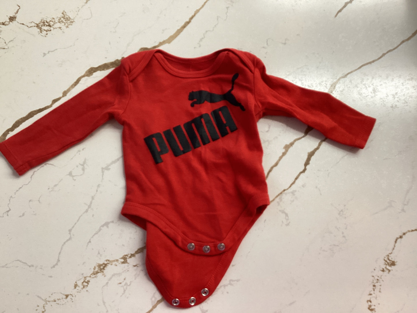 EUC Puma 0-3M Red & Black “Puma” Logo LS Onesie