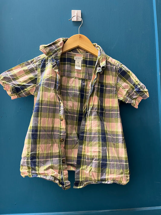 EUC Carters 6M Green, Pink & Blue Plaid SS Button Up