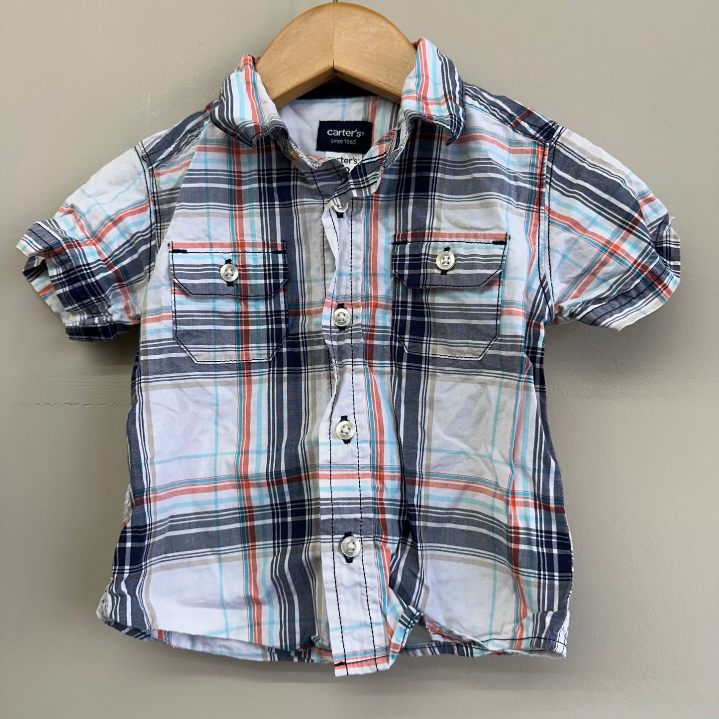 EUC Carters 12M Navy & Orange Plaid SS Button Up