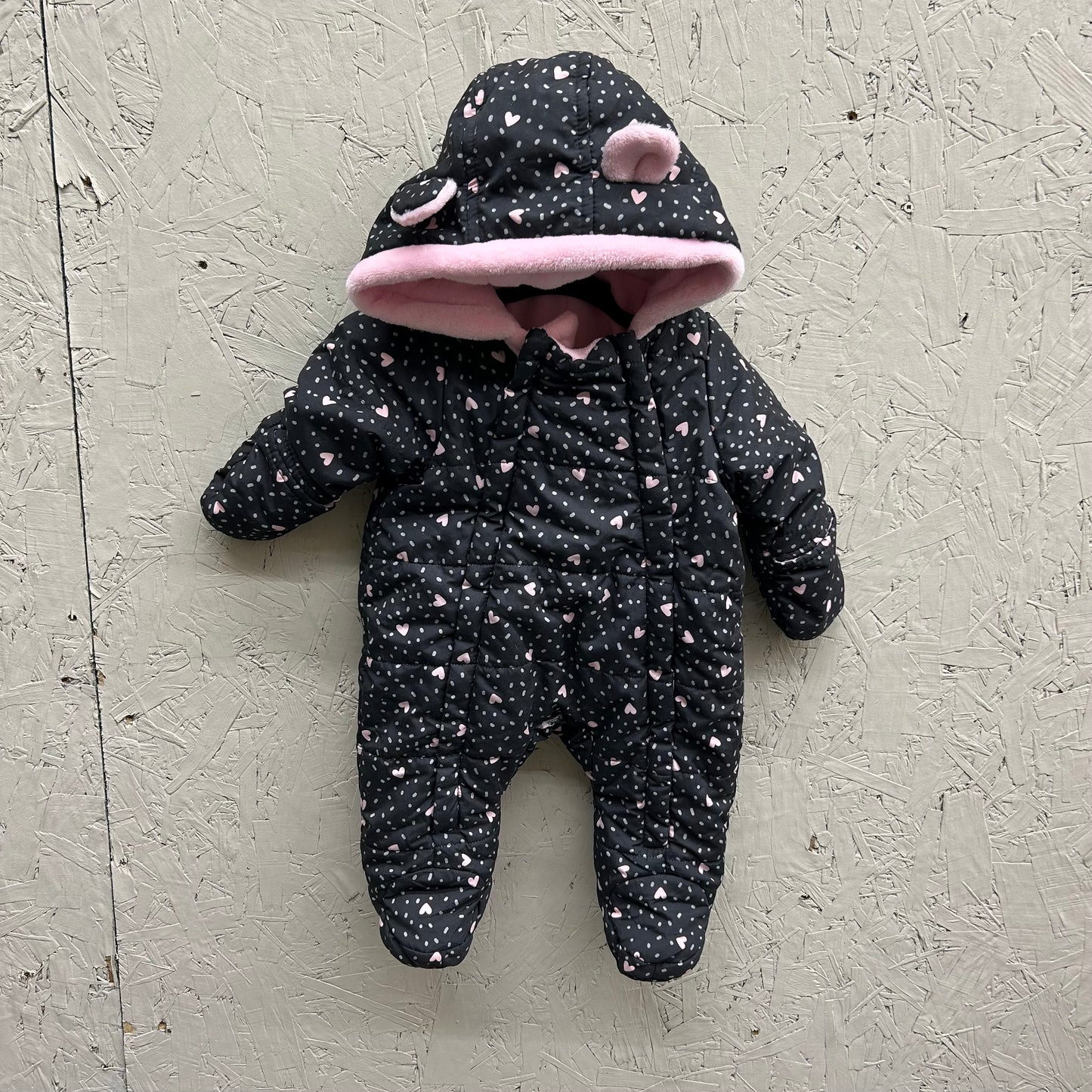 EUC George 0-3M Black with Pink Hearts Winter Zipped Hooded Pram