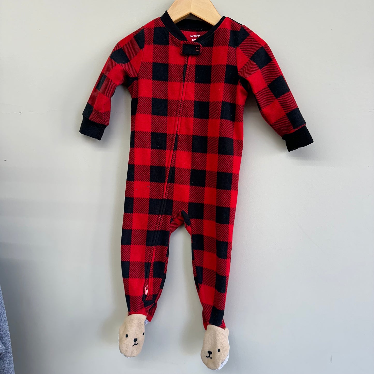 EUC Carters 12M Red & Black Plaid Fleece Zip Sleeper