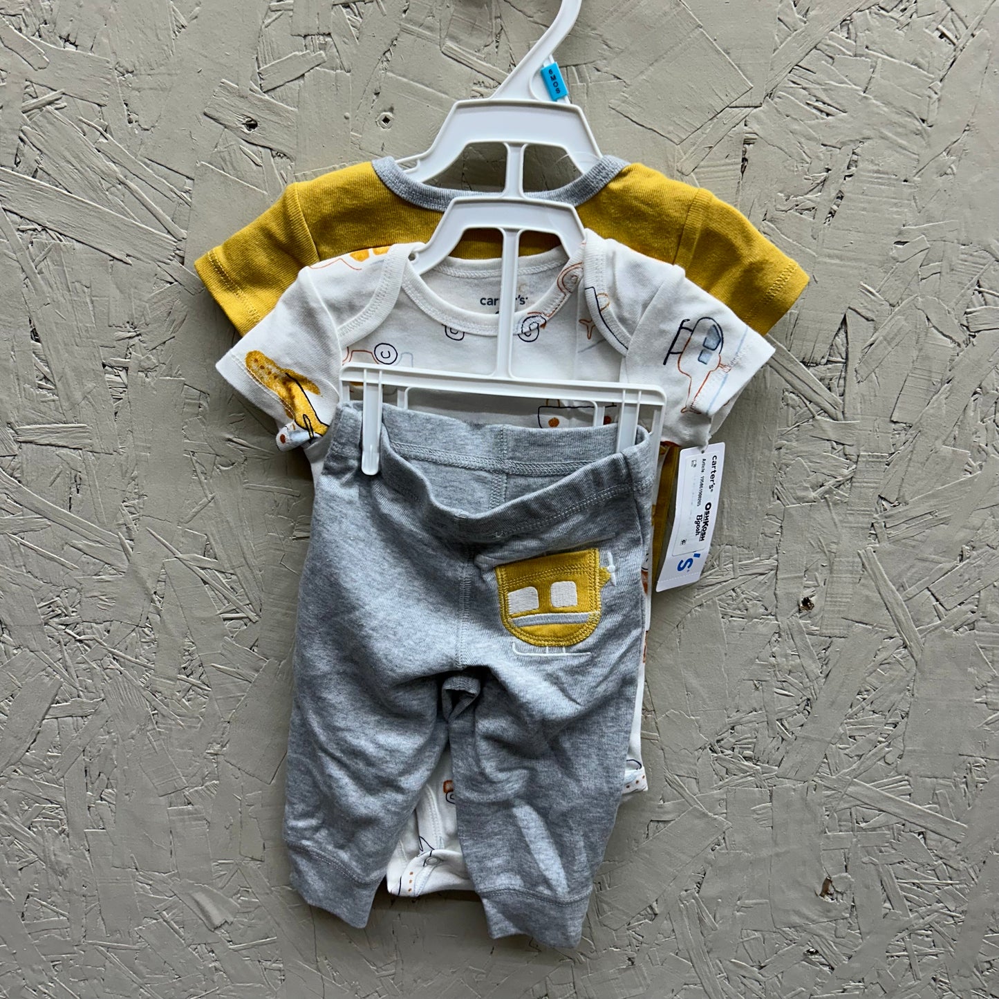 NWT Carters 6M 3Pc Yellow & Grey Helicopter SS T-shirt Onesie and Sweatpant set