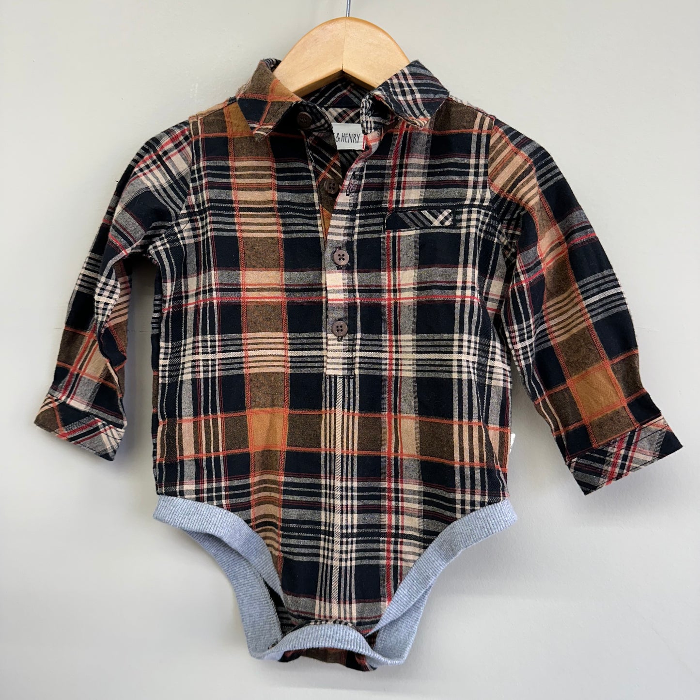 EUC Me & Henry 12M Brown Plaid Button Up LS Onesie