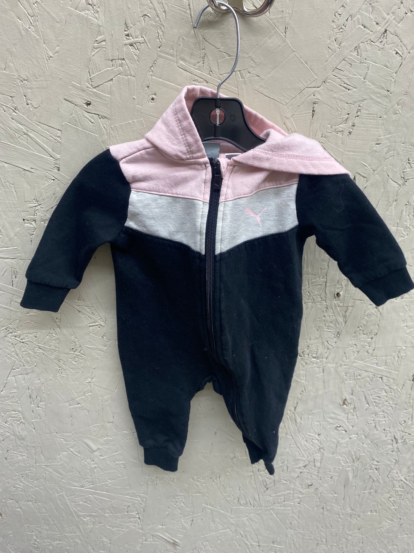 EUC Puma 3-6M pink/black fleece onesie hooded