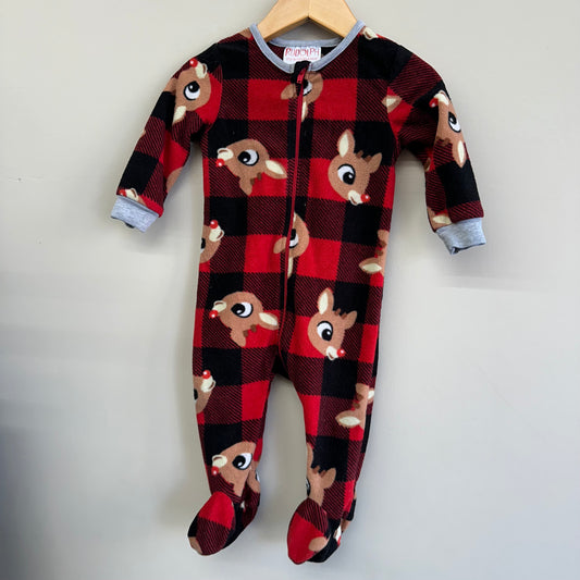 EUC Rudolph 6-12M Red & Black Plaid Fleece Zip Sleeper