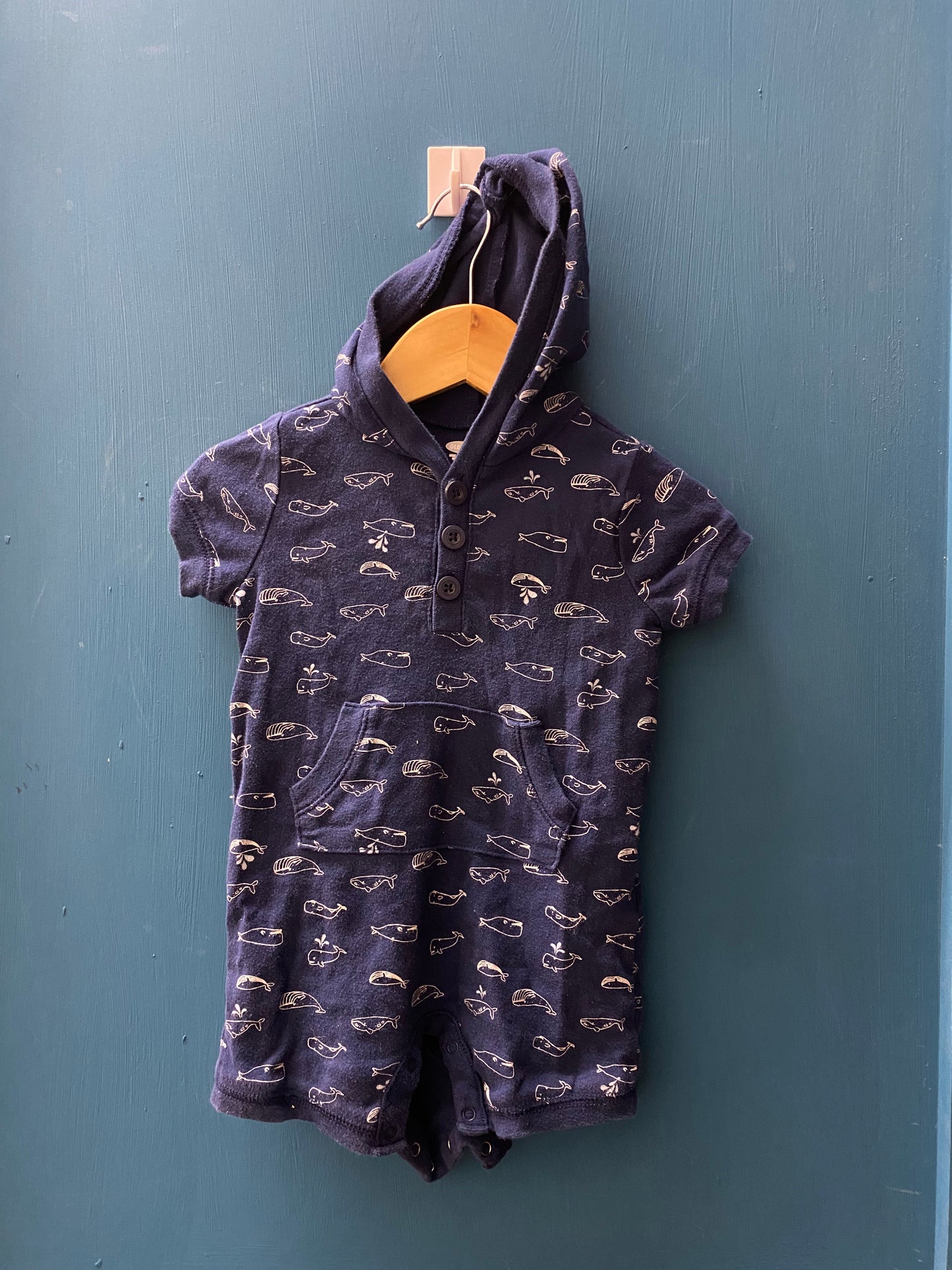 EUC Old Navy 6-12M Navy Whale Short Hooded Romper