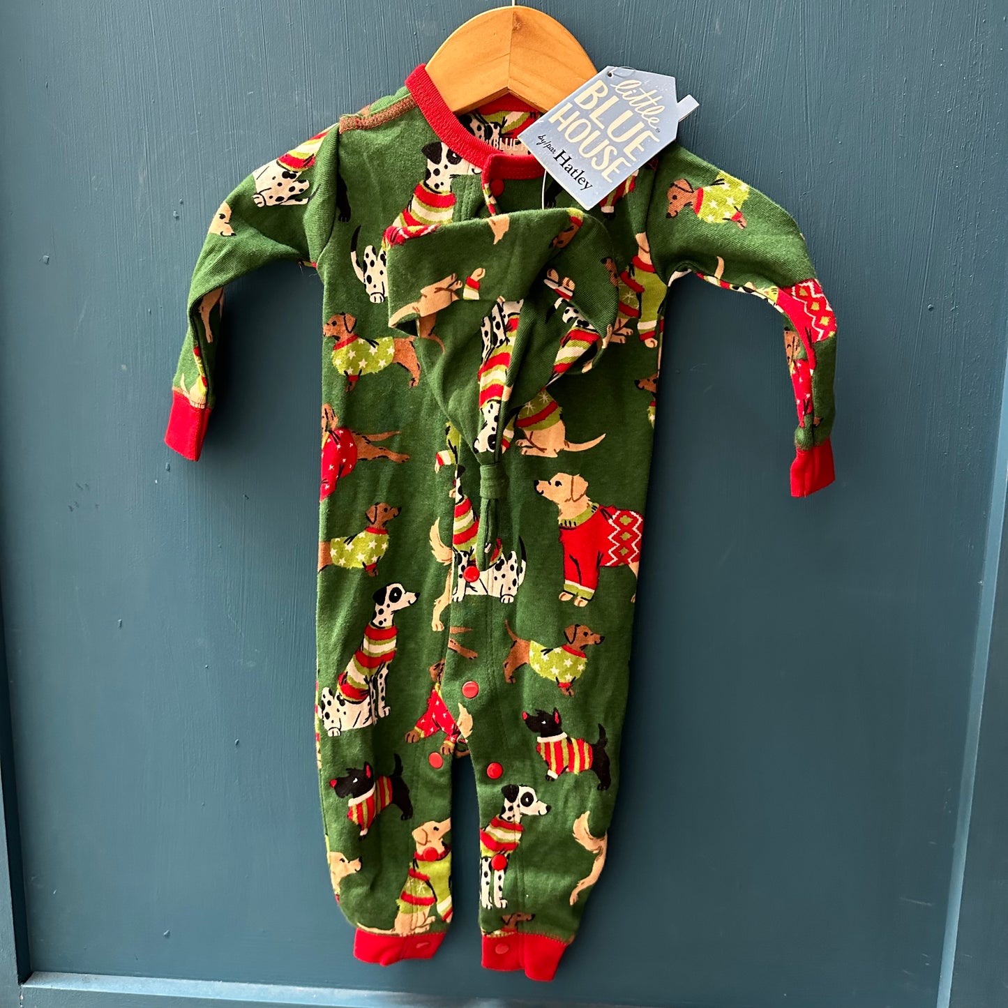 NWT Little Blue House 3-6M Green Dog Christmas Long Romper & Hat