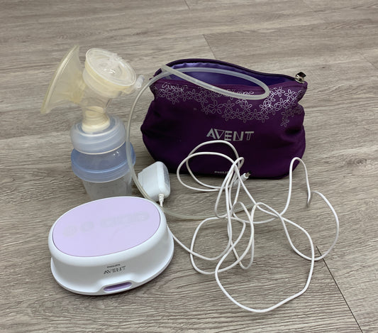 EUC Avent purple & white comfort single electric breast pump with storage cups