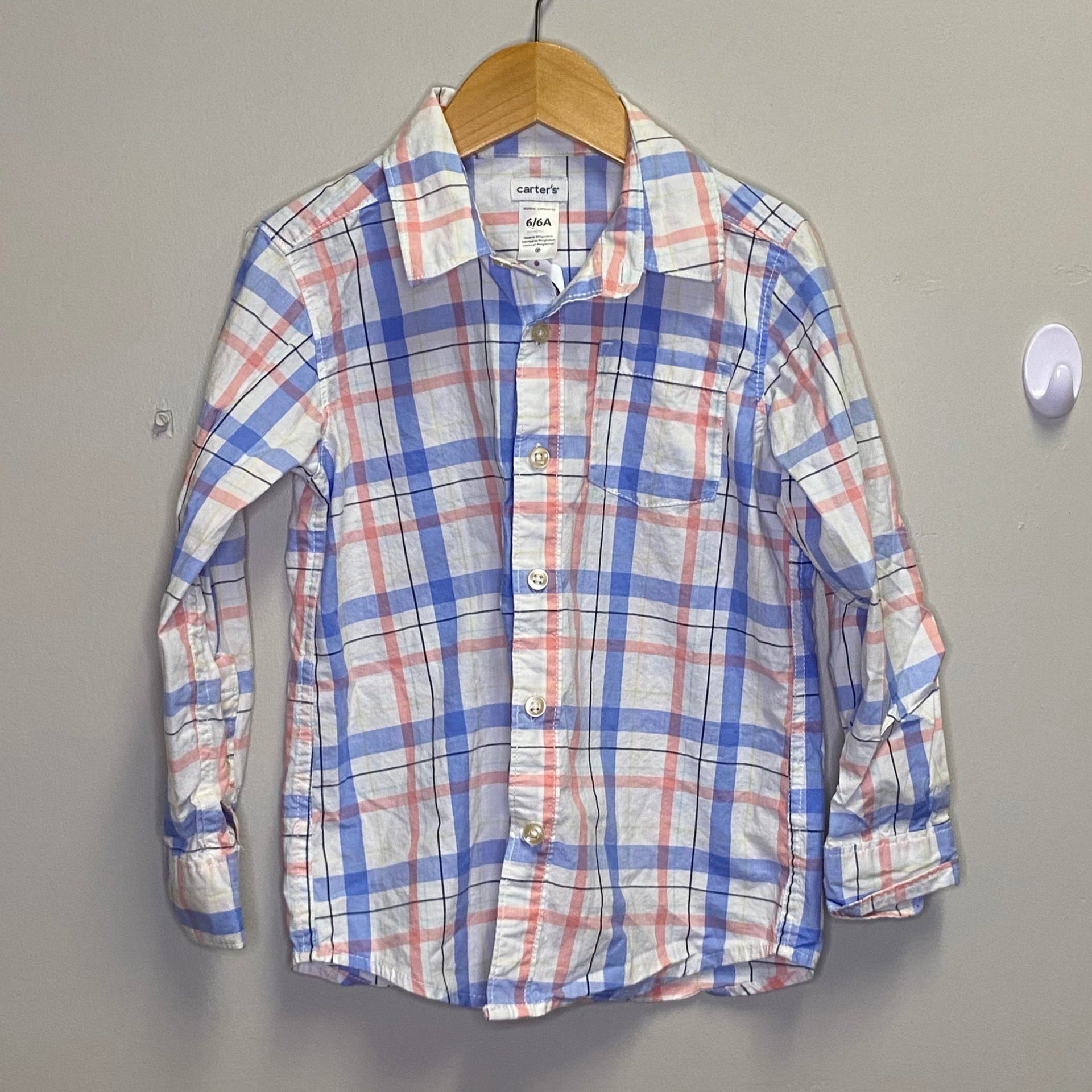 Carter’s 4 White, Pink & Blue Plaid LS Button Up