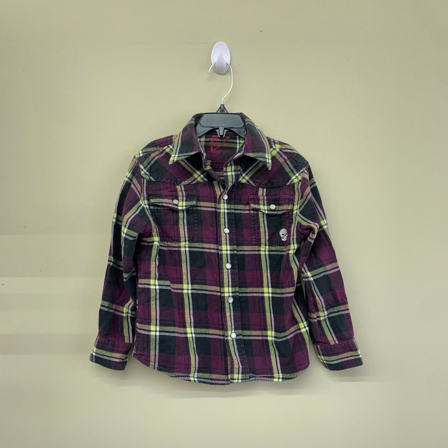 GUC Extreme Zone 4T green,purple,black button up plaid LS shirt with skull on the front pocket