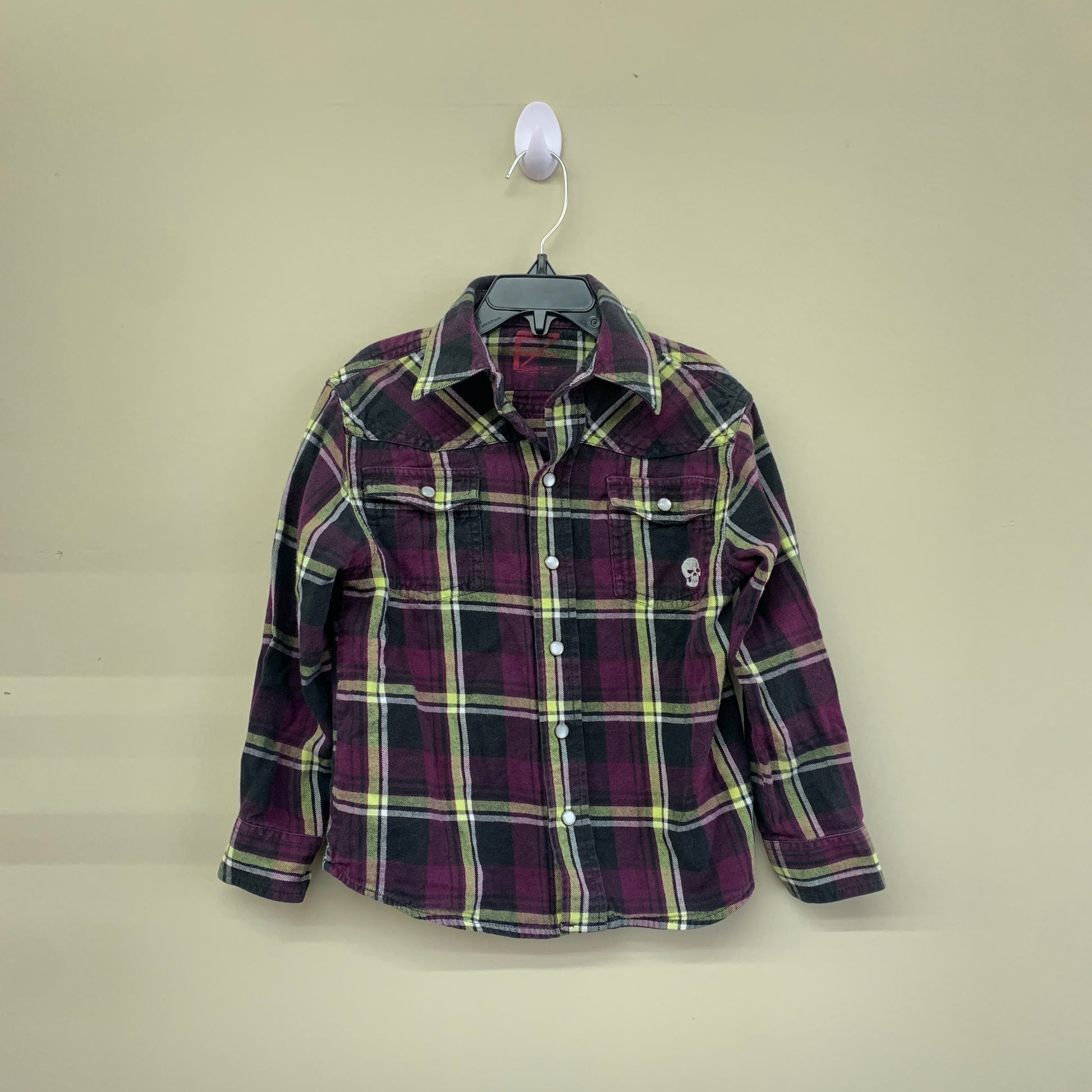 GUC Extreme Zone 4T green,purple,black button up plaid LS shirt with skull on the front pocket